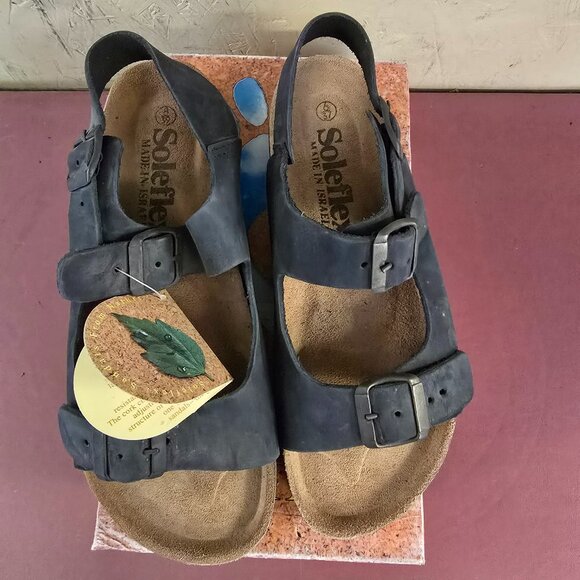 New Womens Black Leather Double Buckle Sandals 6M 8M 9M - Picture 1 of 5